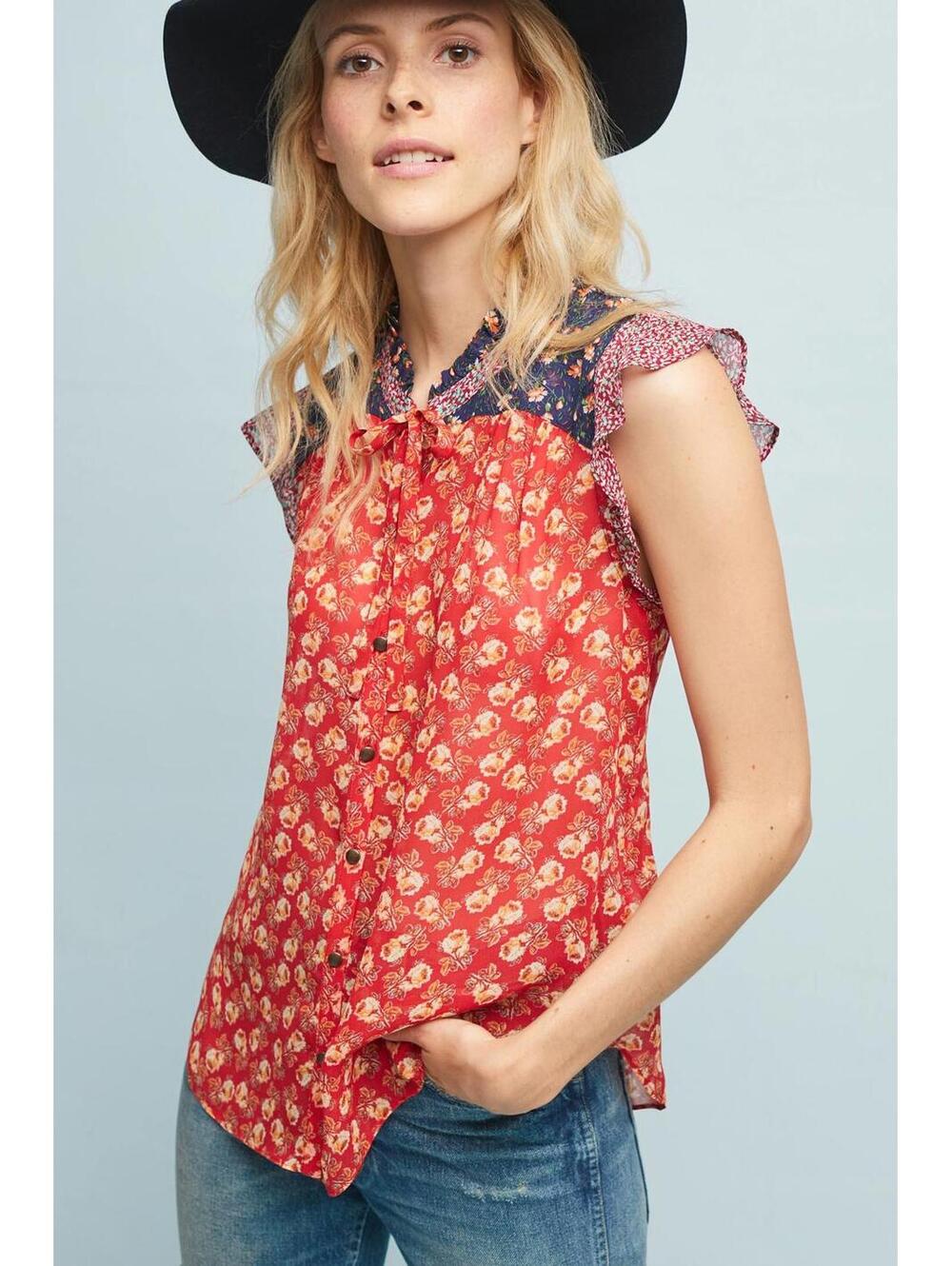 Anthropologie Meadow Rue Prairie Blouse Patchwork Floral Flutter Sleeve Sz 16 XL